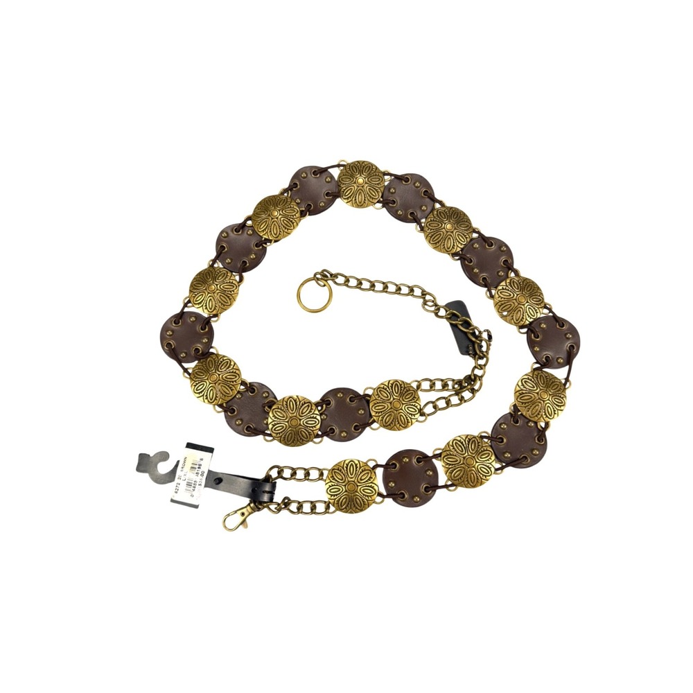 Rolfs Womens Brown Leather Brass Medallion Chain Belt Boho Western L‎ XL